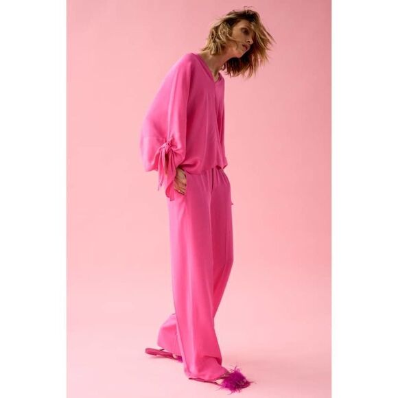 ZARA Flowy Blouse Top Ties New pink Barbiecore Barbie Core - Picture 11 of 11